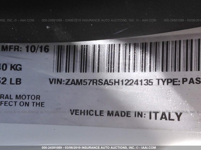 ZAM57RSA5H1224135 - 2017 MASERATI GHIBLI S WHITE photo 9
