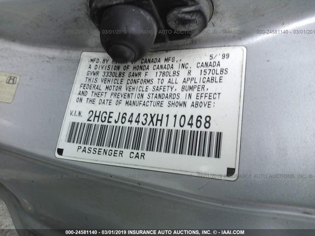 2HGEJ6443XH110468 - 1999 HONDA CIVIC DX SILVER photo 9