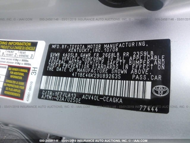 4T1BE46K29U892635 - 2009 TOYOTA CAMRY SE/LE/XLE SILVER photo 9