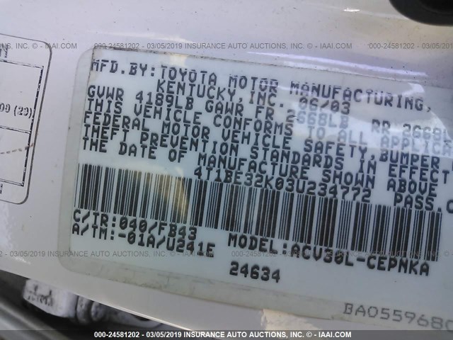 4T1BE32K03U234772 - 2003 TOYOTA CAMRY LE/XLE/SE WHITE photo 9