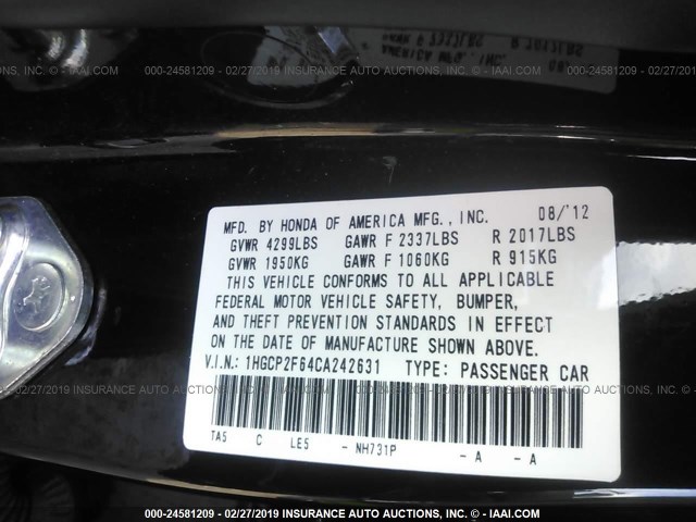 1HGCP2F64CA242631 - 2012 HONDA ACCORD SE 黑色 照片 9