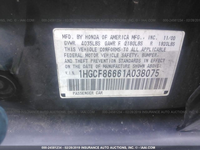 1HGCF86661A038075 - 2001 HONDA ACCORD VALUE GREEN photo 9