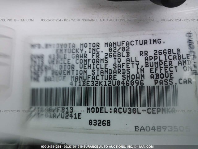 4T1BE32K12U046096 - 2002 TOYOTA CAMRY LE/XLE/SE WHITE photo 9