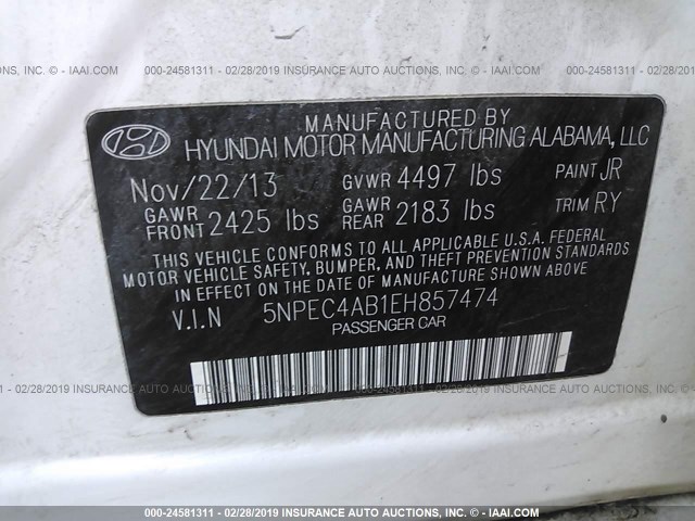 5NPEC4AB1EH857474 - 2014 HYUNDAI SONATA SE/LIMITED WHITE photo 9