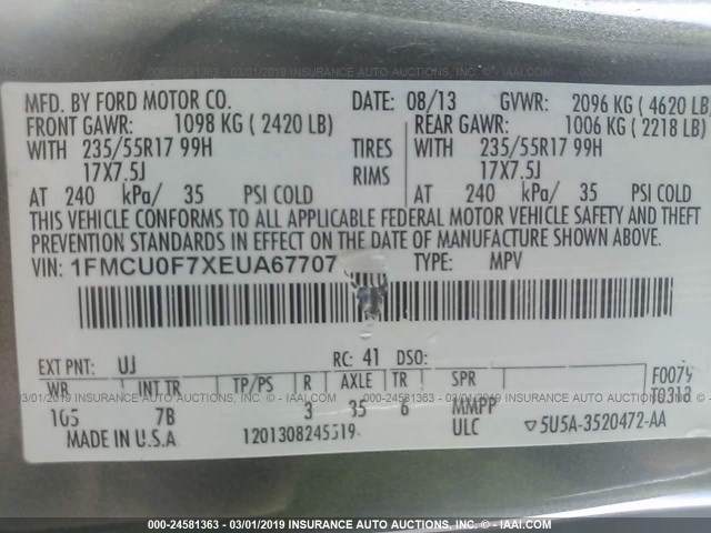 1FMCU0F7XEUA67707 - 2014 FORD ESCAPE S GRAY photo 9