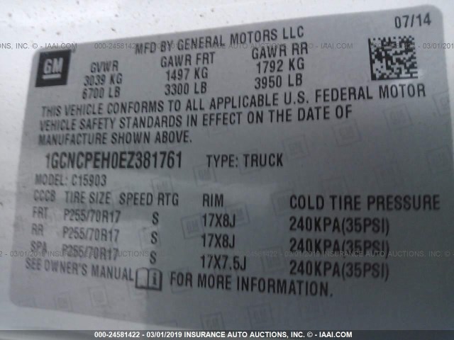 1GCNCPEH0EZ381761 - 2014 CHEVROLET SILVERADO C1500 WHITE photo 9