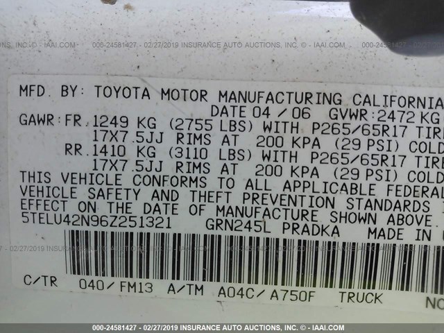 5TELU42N96Z251321 - 2006 TOYOTA TACOMA DOUBLE CAB 白色 照片 9