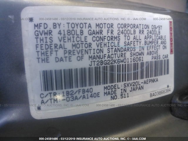 JT2BG22K6W0116061 - 1998 TOYOTA CAMRY CE/LE/XLE BROWN photo 9