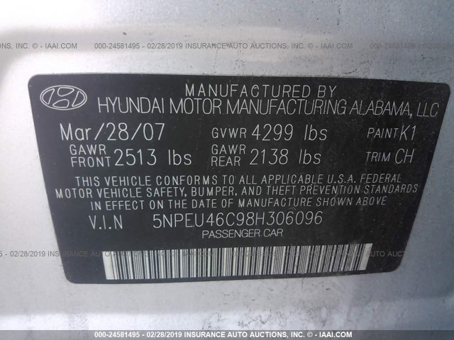 5NPEU46C98H306096 - 2008 HYUNDAI SONATA SE/LIMITED SILVER photo 9