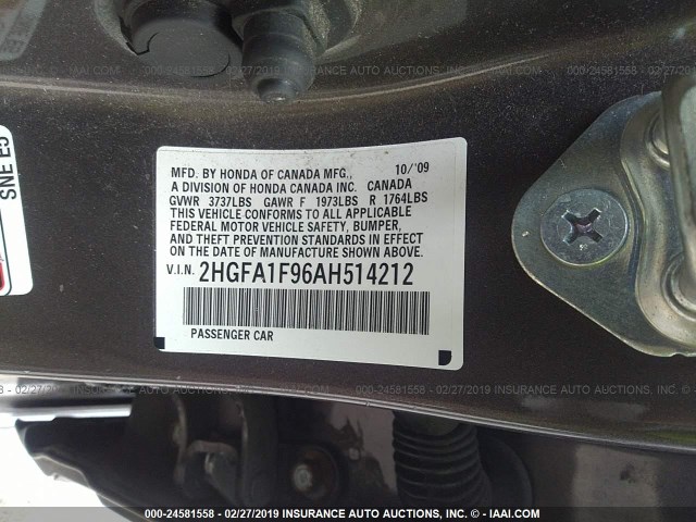 2HGFA1F96AH514212 - 2010 HONDA CIVIC EXL GRAY photo 9