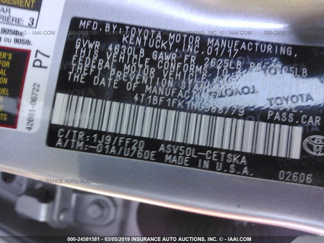 4T1BF1FK1HU388779 - 2017 TOYOTA CAMRY LE/XLE/SE/XSE SILVER photo 9