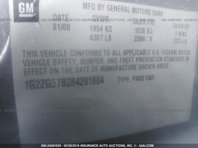 1G2ZG57B284201804 - 2008 PONTIAC G6 SE GRAY photo 9