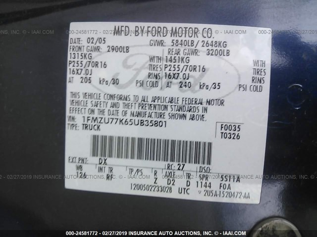 1FMZU77K65UB35801 - 2005 FORD EXPLORER SPORT TR  BLUE photo 9