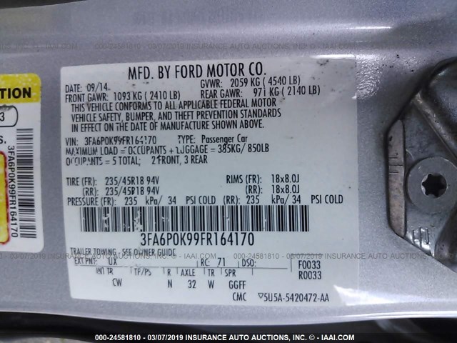 3FA6P0K99FR164170 - 2015 FORD FUSION TITANIUM SILVER photo 9