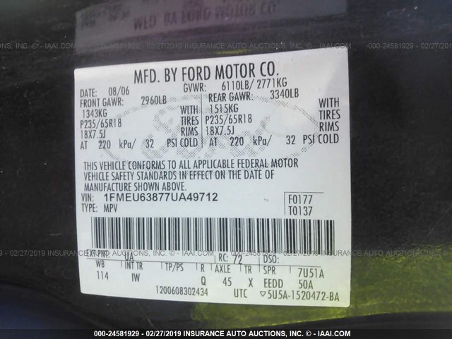 1FMEU63877UA49712 - 2007 FORD EXPLORER XLT BLACK photo 9