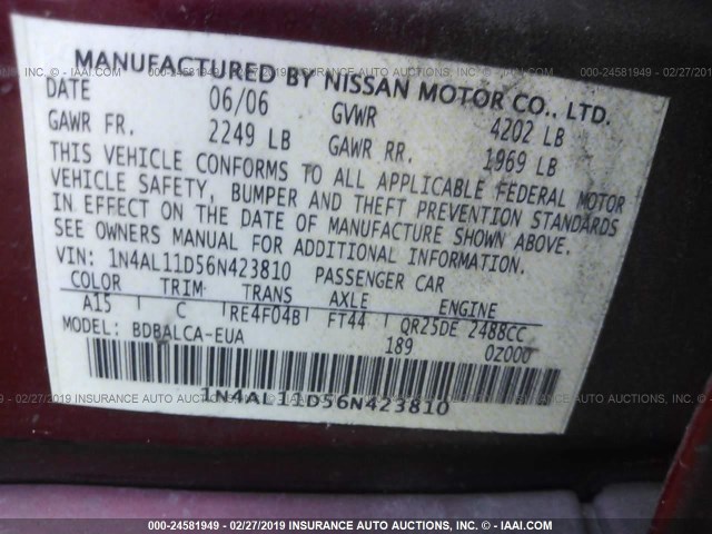 1N4AL11D56N423810 - 2006 NISSAN ALTIMA S/SL BURGUNDY photo 9