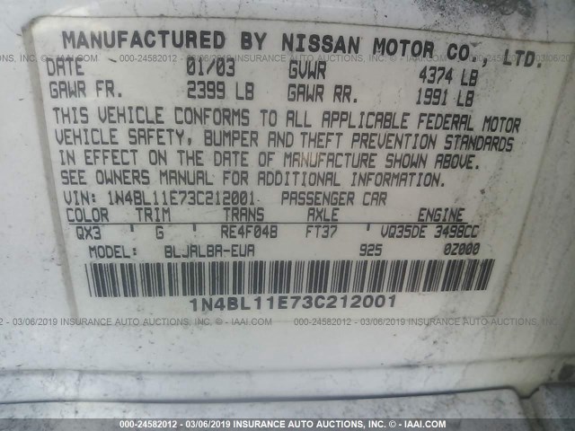 1N4BL11E73C212001 - 2003 NISSAN ALTIMA SE WHITE photo 9