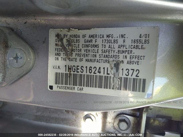 1HGES16241L051372 - 2001 HONDA CIVIC DX SILVER photo 9