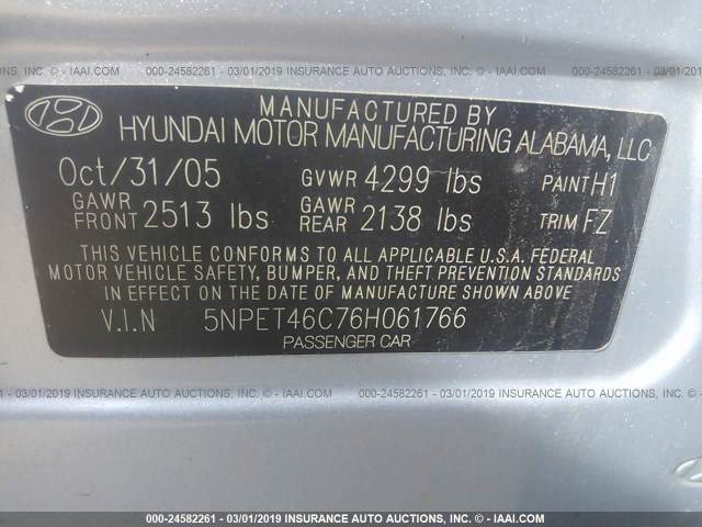 5NPET46C76H061766 - 2006 HYUNDAI SONATA GL BLUE photo 9