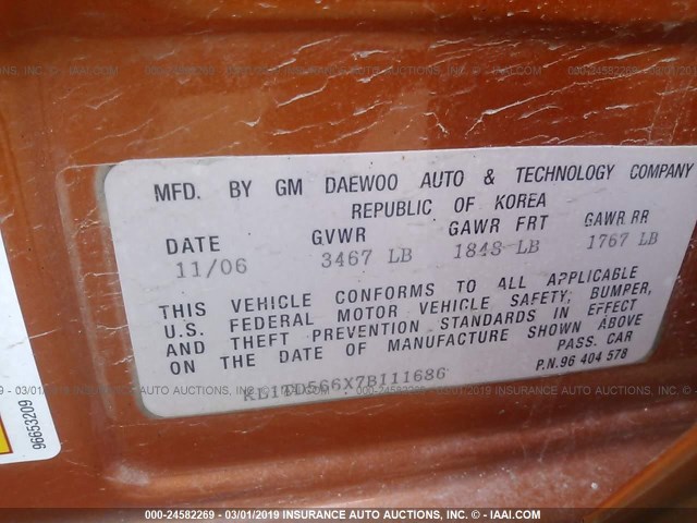 KL1TD566X7B111686 - 2007 CHEVROLET AVEO LS ORANGE photo 9