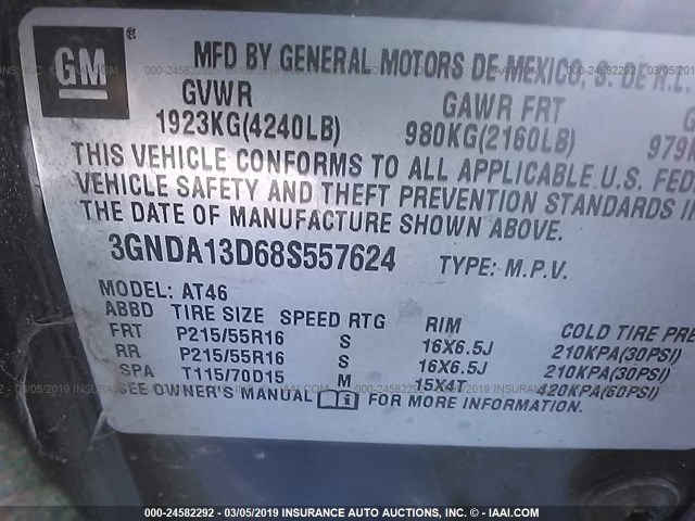 3GNDA13D68S557624 - 2008 CHEVROLET HHR LS Negro foto 9