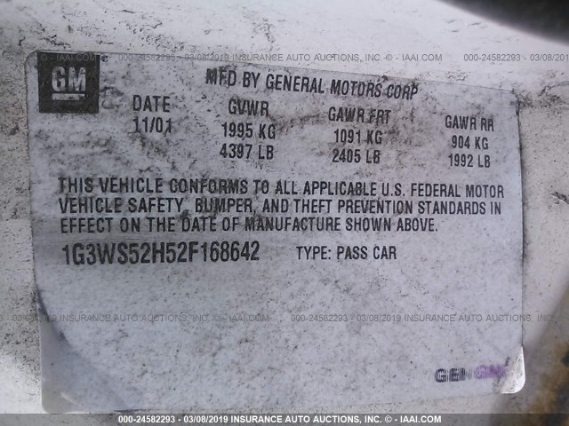 1G3WS52H52F168642 - 2002 OLDSMOBILE INTRIGUE GL WHITE photo 9