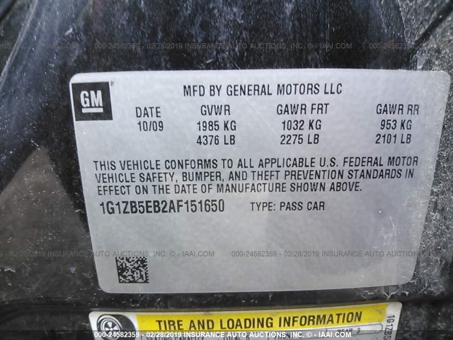 1G1ZB5EB2AF151650 - 2010 CHEVROLET MALIBU LS BLACK photo 9