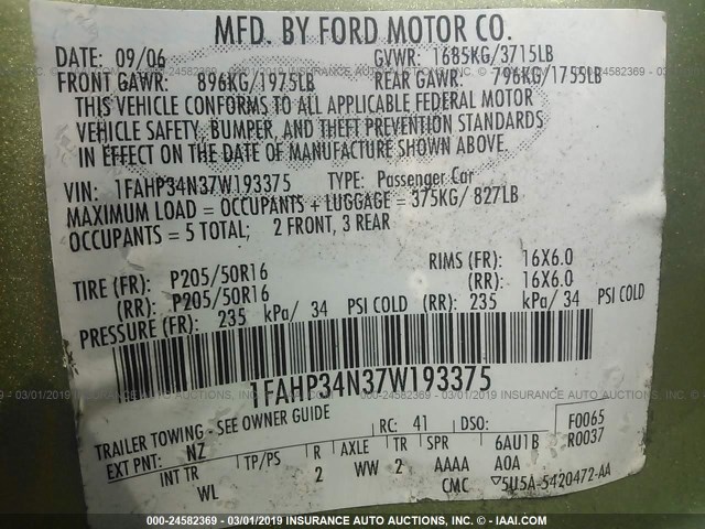 1FAHP34N37W193375 - 2007 FORD FOCUS ZX4/S/SE/SES 绿色 照片 9