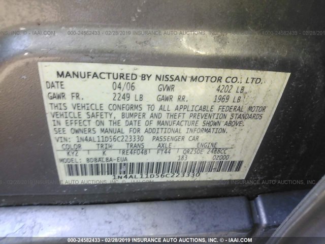 1N4AL11D56C223330 - 2006 NISSAN ALTIMA S/SL GOLD photo 9