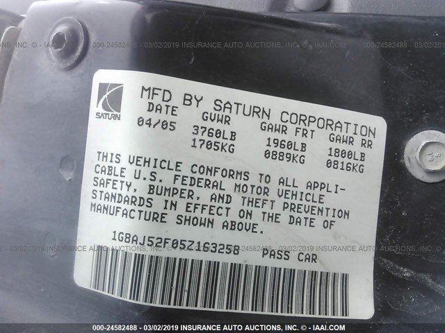 1G8AJ52F05Z163258 - 2005 SATURN ION LEVEL 2 灰色 照片 9