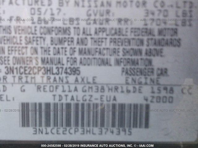 3N1CE2CP3HL374395 - 2017 NISSAN VERSA NOTE S/S PLUS/SV/SL/SR GRAY photo 9