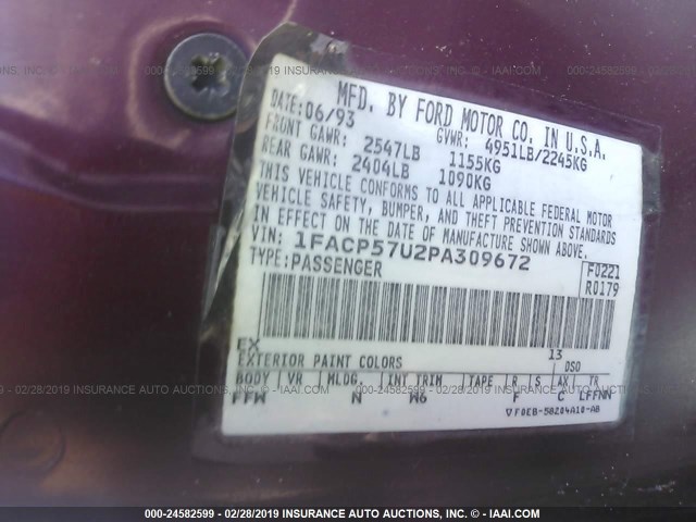 1FACP57U2PA309672 - 1993 FORD TAURUS GL RED photo 9