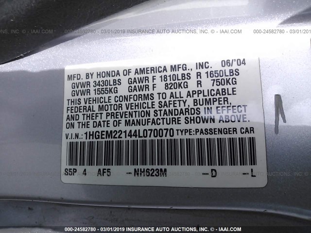 1HGEM22144L070070 - 2004 HONDA CIVIC DX VP Gümüş foto 9