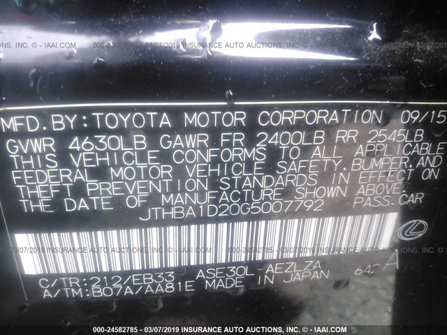 JTHBA1D20G5007792 - 2016 LEXUS IS 200T BLACK photo 9