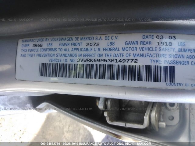 3VWRK69M53M149772 - 2003 VOLKSWAGEN JETTA GL SILVER photo 9