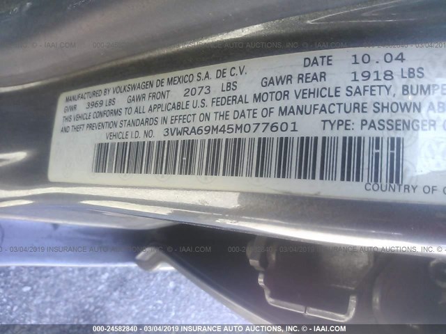 3VWRA69M45M077601 - 2005 VOLKSWAGEN JETTA GL GRAY photo 9