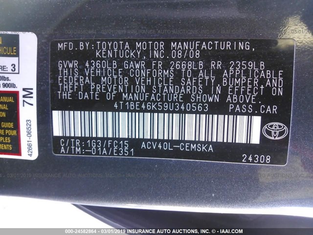 4T1BE46K59U340563 - 2009 TOYOTA CAMRY SE/LE/XLE 灰色 照片 9