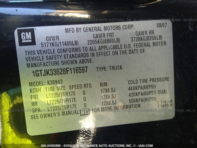 1GTJK33628F116597 - 2008 GMC SIERRA K3500 BLACK photo 9