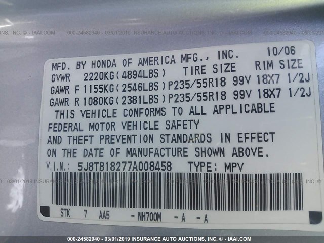 5J8TB18277A008458 - 2007 ACURA RDX SILVER photo 9