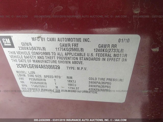 2CNFLGEW4A6306629 - 2010 CHEVROLET EQUINOX LTZ RED photo 9