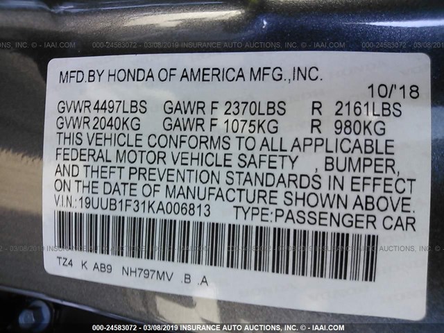 19UUB1F31KA006813 - 2019 ACURA TLX GRAY photo 9