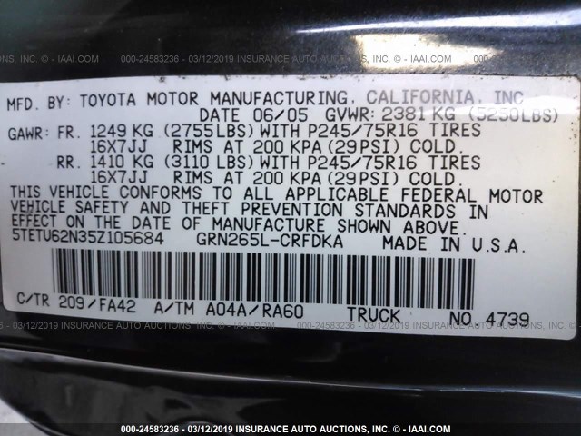 5TETU62N35Z105684 - 2005 TOYOTA TACOMA PRERUNNER ACCESS CAB BLACK photo 9