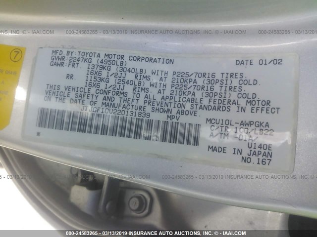 JTJGF10U220131839 - 2002 LEXUS RX 300 SILVER photo 9