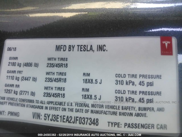 5YJ3E1EA2JF037348 - 2018 TESLA MODEL 3 GRAY photo 9