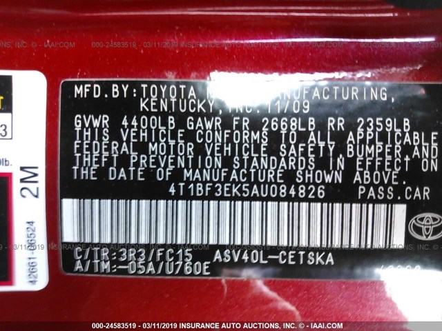 4T1BF3EK5AU084826 - 2010 TOYOTA CAMRY SE/LE/XLE 红色 照片 9
