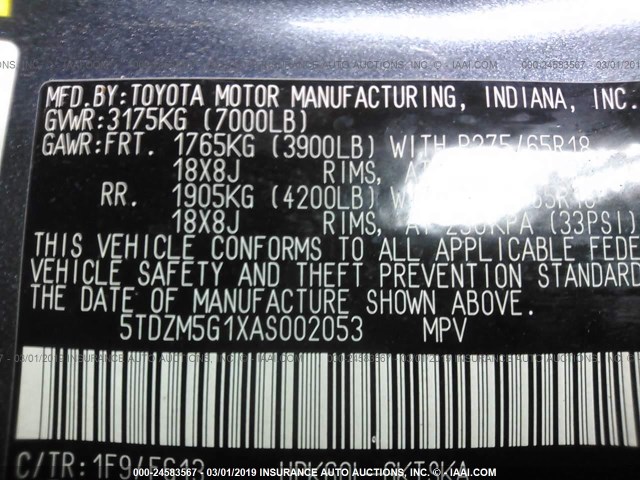 5TDZM5G1XAS002053 - 2010 TOYOTA SEQUOIA SR5 BLUE photo 9