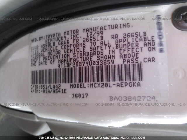 4T1BF28B7YU033859 - 2000 TOYOTA AVALON XL/XLS WHITE photo 9