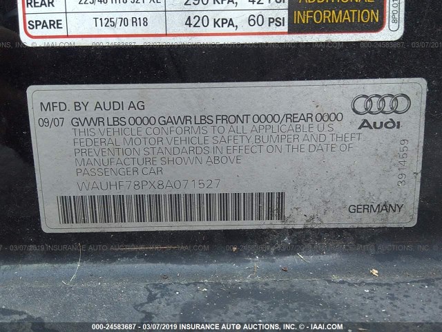 WAUHF78PX8A071527 - 2008 AUDI A3 2.0 BLACK photo 9