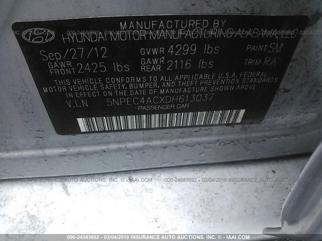 5NPEC4ACXDH613037 - 2013 HYUNDAI SONATA SE/LIMITED SILVER photo 9