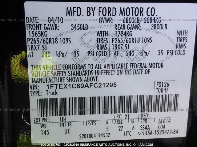 1FTEX1C89AFC21295 - 2010 FORD F150 SUPER CAB BLACK photo 9